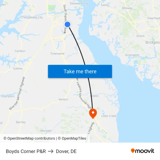 Boyds Corner P&R to Dover, DE map