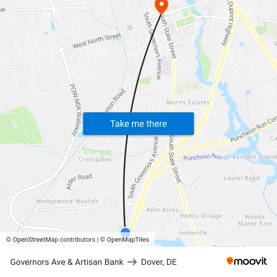 Governors Ave & Artisan Bank to Dover, DE map