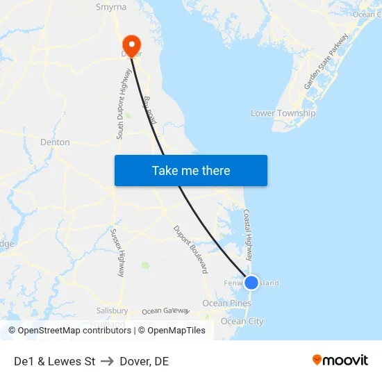 De1 & Lewes St to Dover, DE map