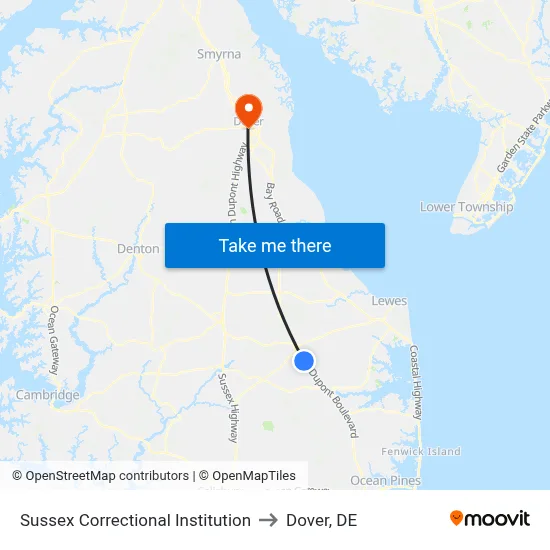 Sussex Correctional Institution to Dover, DE map
