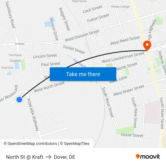 North St @ Kraft to Dover, DE map