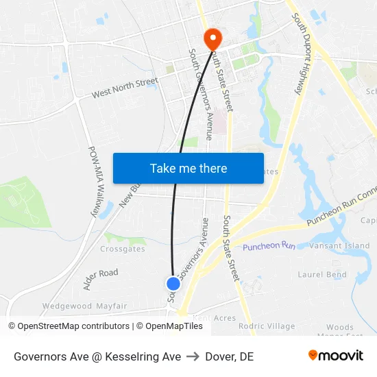 Governors Ave @ Kesselring Ave to Dover, DE map