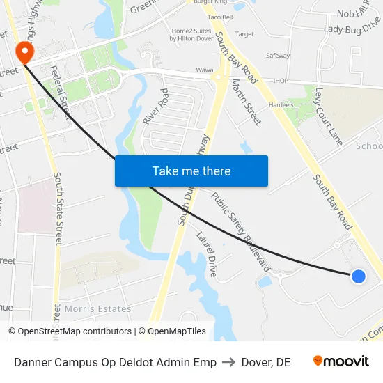 Danner Campus Op Deldot Admin Emp to Dover, DE map