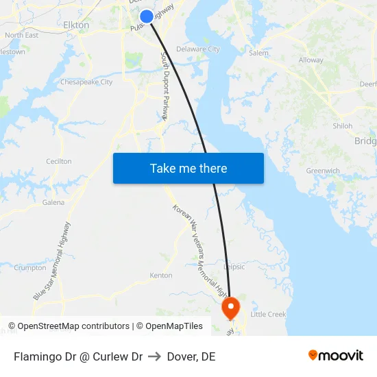 Flamingo Dr @ Curlew Dr to Dover, DE map