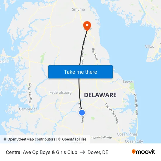 Central Ave Op Boys & Girls Club to Dover, DE map