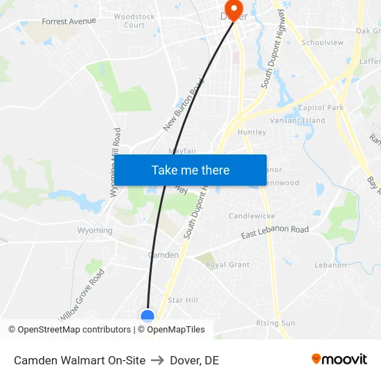 Camden Walmart On-Site to Dover, DE map