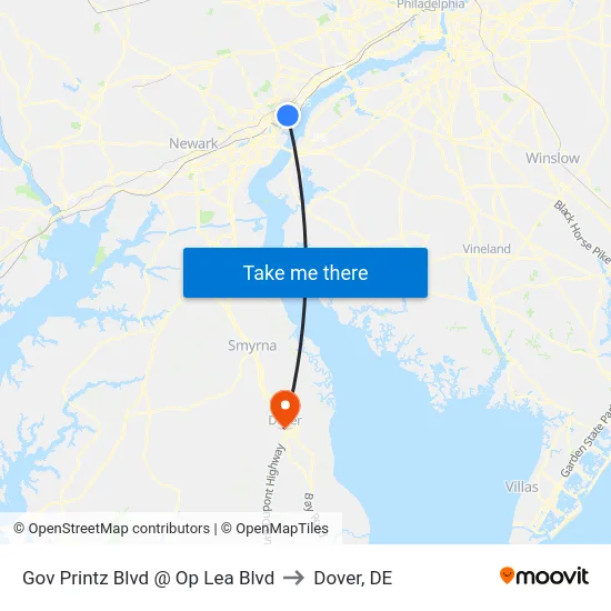 Gov Printz Blvd @ Op Lea Blvd to Dover, DE map