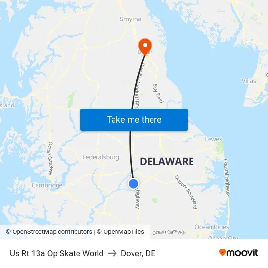 Us Rt 13a Op Skate World to Dover, DE map