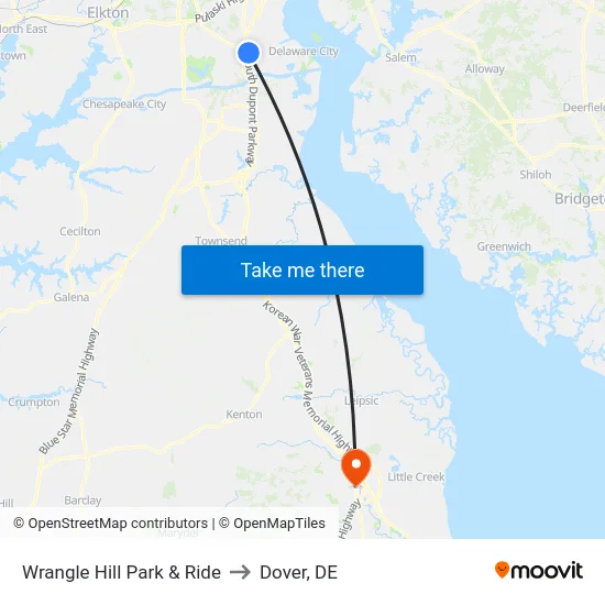 Wrangle Hill Park & Ride to Dover, DE map