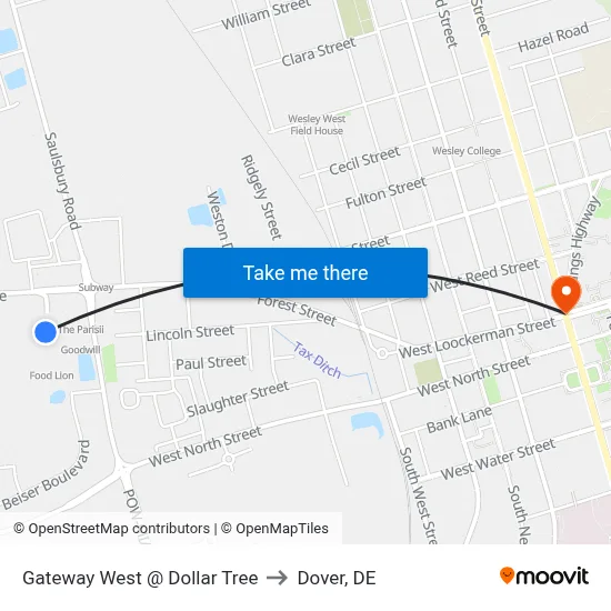 Gateway West @ Dollar Tree to Dover, DE map