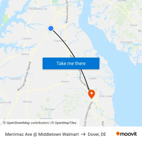 Merrimac Ave @ Middletown Walmart to Dover, DE map