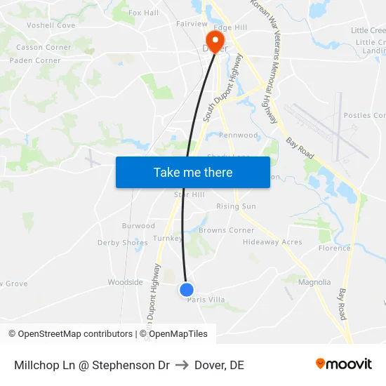 Millchop Ln @ Stephenson Dr to Dover, DE map