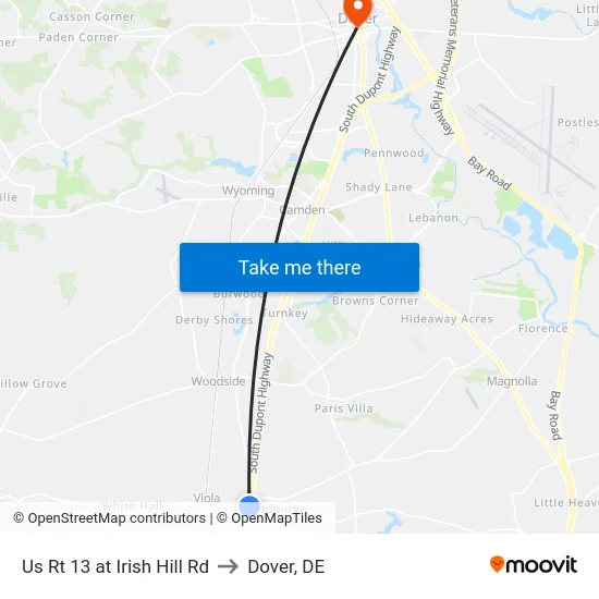 Us Rt 13 at Irish Hill Rd to Dover, DE map