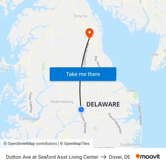 Dutton Ave at Seaford Asst Living Center to Dover, DE map