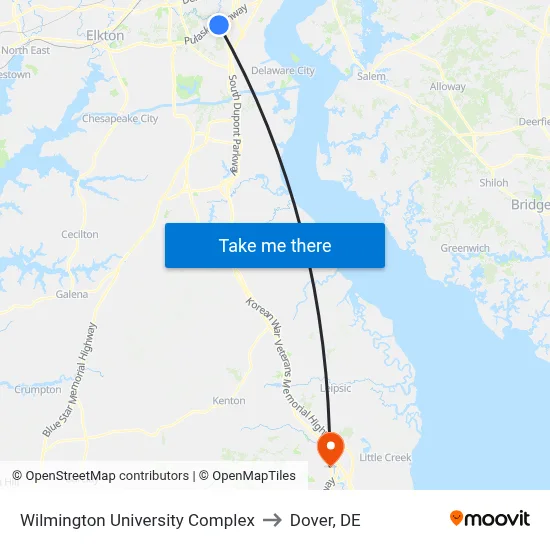 Wilmington University Complex to Dover, DE map
