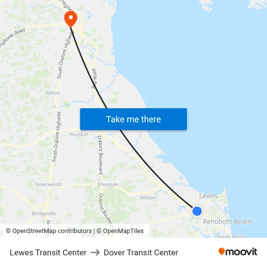 Lewes Transit Center to Dover Transit Center map