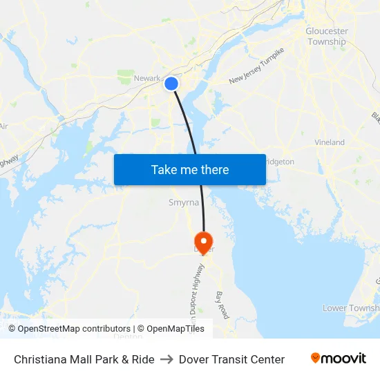 Christiana Mall Park & Ride to Dover Transit Center map