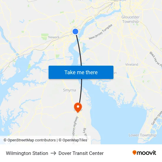 Wilmington Station to Dover Transit Center map