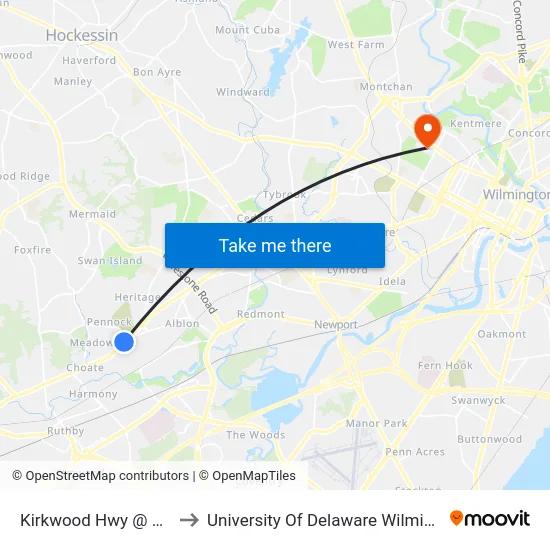 Kirkwood Hwy @ Pike Creek to University Of Delaware Wilmington Campus map