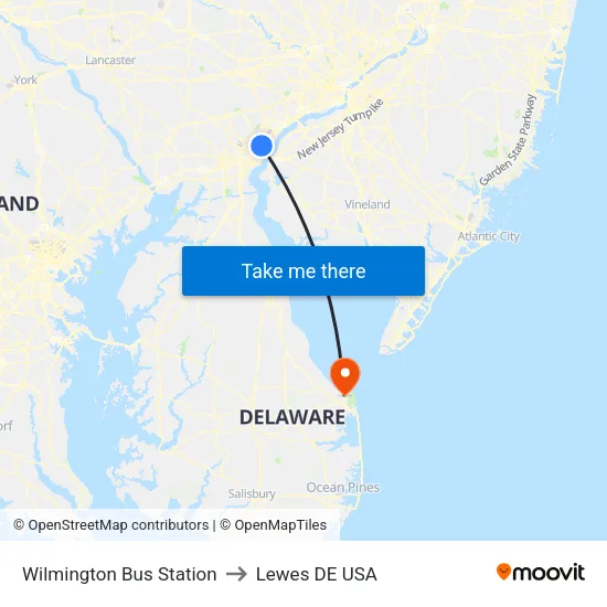 Wilmington Bus Station to Lewes DE USA map