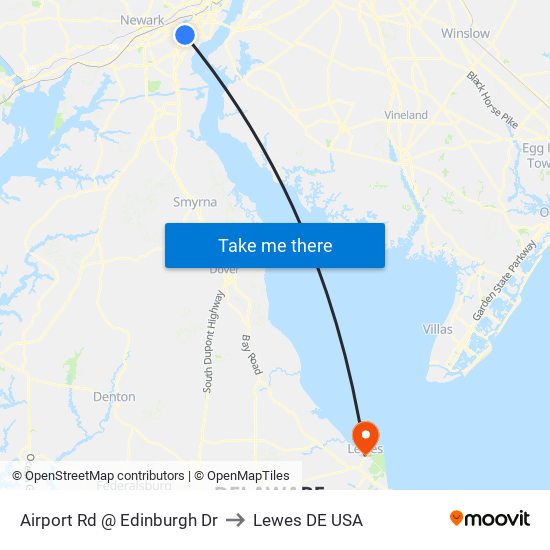 Airport Rd @ Edinburgh Dr to Lewes DE USA map