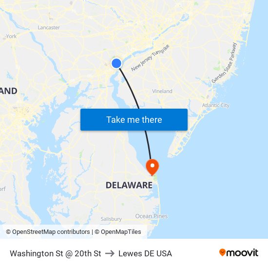 Washington St @ 20th St to Lewes DE USA map