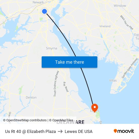 Us Rt 40 @ Elizabeth Plaza to Lewes DE USA map