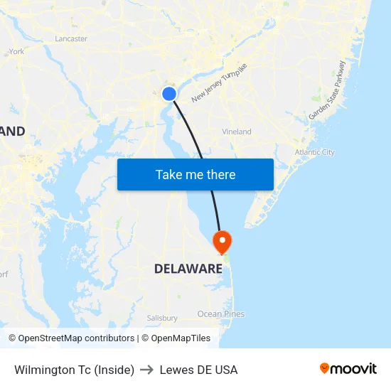 Wilmington Tc (Inside) to Lewes DE USA map