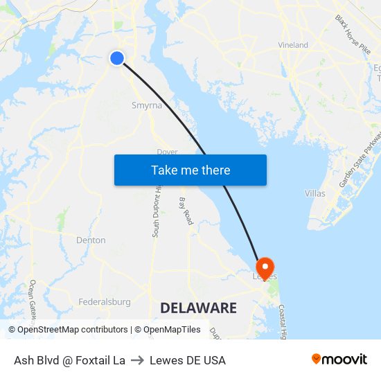 Ash Blvd @ Foxtail La to Lewes DE USA map