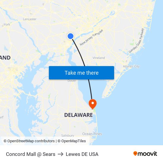 Concord Mall @ Sears to Lewes DE USA map