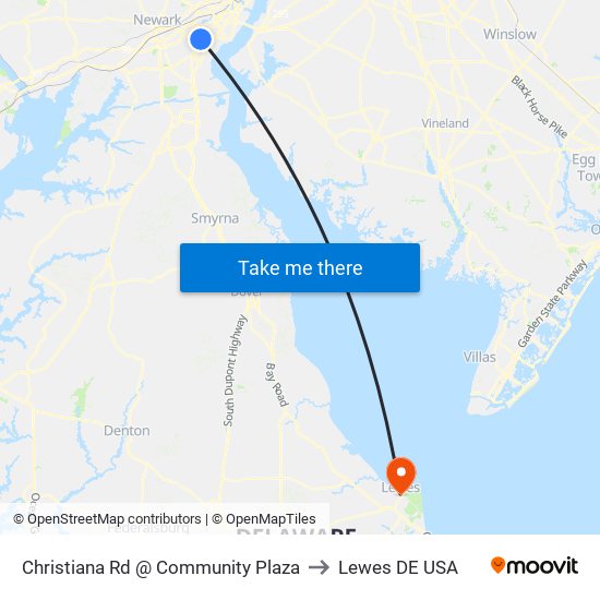 Christiana Rd @ Community Plaza to Lewes DE USA map