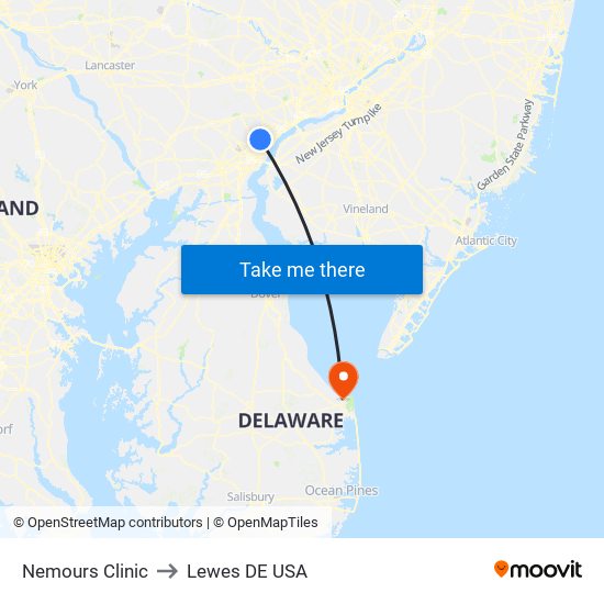 Nemours Clinic to Lewes DE USA map