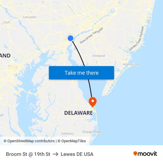 Broom St @ 19th St to Lewes DE USA map