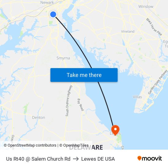 Us Rt40 @ Salem Church Rd to Lewes DE USA map