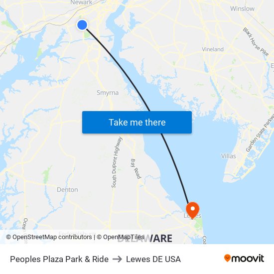 Peoples Plaza Park & Ride to Lewes DE USA map