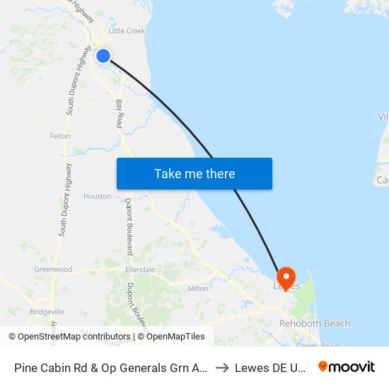 Pine Cabin Rd & Op Generals Grn Apt to Lewes DE USA map