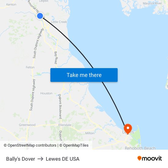 Bally's Dover to Lewes DE USA map