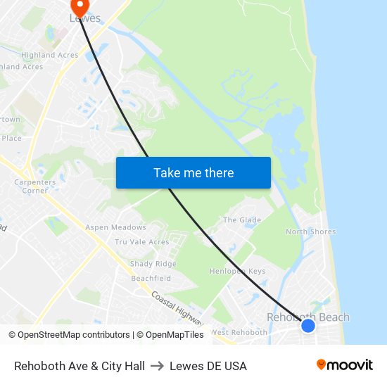 Rehoboth Ave & City Hall to Lewes DE USA map