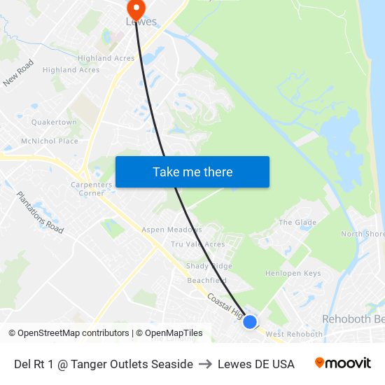 Del Rt 1 @ Tanger Outlets Seaside to Lewes DE USA map