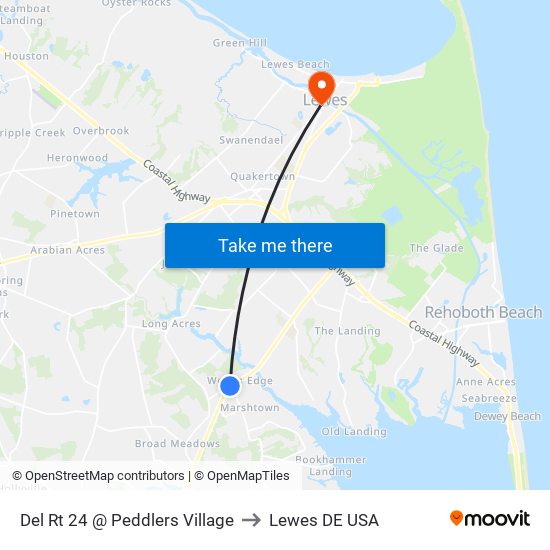 Del Rt 24 @ Peddlers Village to Lewes DE USA map