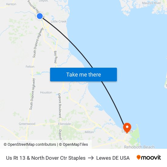 Us Rt 13 & North Dover Ctr Staples to Lewes DE USA map