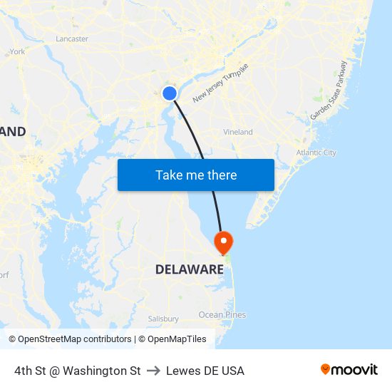 4th St @ Washington St to Lewes DE USA map