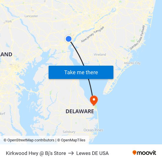 Kirkwood Hwy @ Bj's Store to Lewes DE USA map