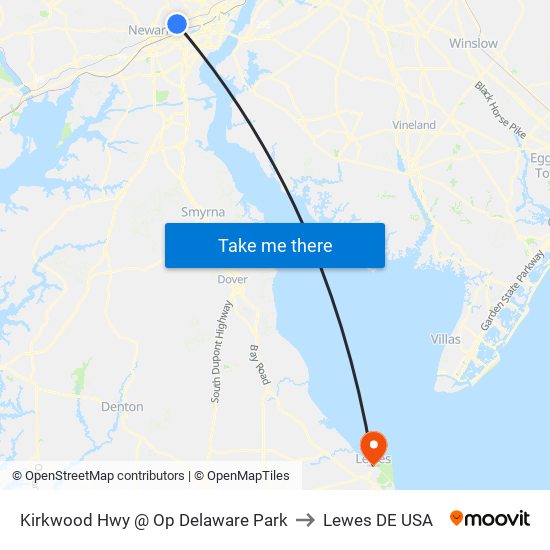 Kirkwood Hwy @ Op Delaware Park to Lewes DE USA map