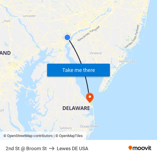 2nd St @ Broom St to Lewes DE USA map