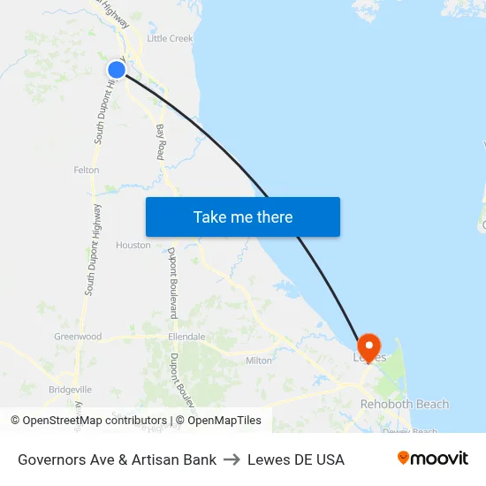 Governors Ave & Artisan Bank to Lewes DE USA map