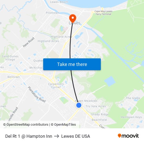 Del Rt 1 @ Hampton Inn to Lewes DE USA map