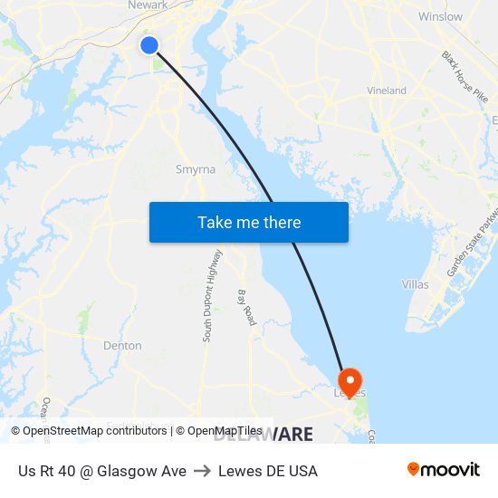 Us Rt 40 @ Glasgow Ave to Lewes DE USA map
