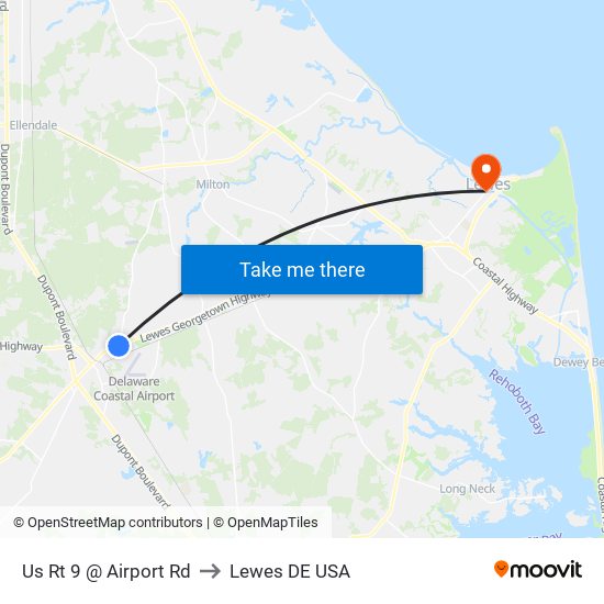 Us Rt 9 @ Airport Rd to Lewes DE USA map