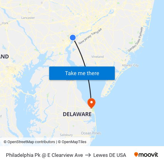 Philadelphia Pk @ E Clearview Ave to Lewes DE USA map